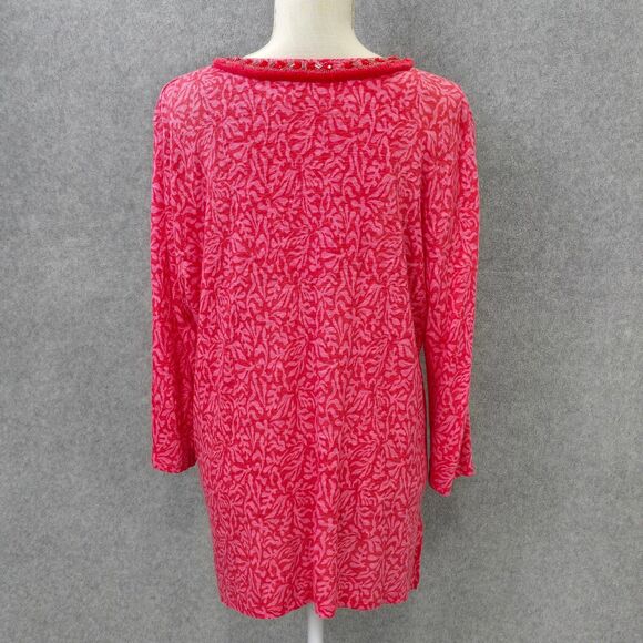 Chico’s Size 3 XL Reef Pink Red Linen Beaded Embellished Split Neck Tunic Top - Picture 3 of 14
